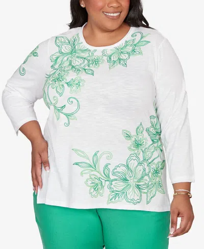 Alfred Dunner Plus Size Resort Living Tropical Flower Embroidered Top In White