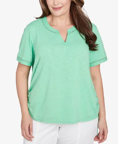 Alfred Dunner Plus Size Rise And Shine Dot Lace Trimmed Short Sleeve Top In Lime