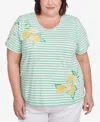Alfred Dunner Plus Size Rise And Shine Lemon Printed Striped Top In Lime