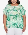 Alfred Dunner Plus Size Rise And Shine Monotone Tropical Leaf Top In Lime