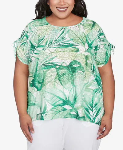 Alfred Dunner Plus Size Rise And Shine Monotone Tropical Leaf Top In Lime