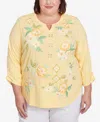 Alfred Dunner Plus Size Rise And Shine Sunny Floral Embroidered Split Neck Top In Lemon