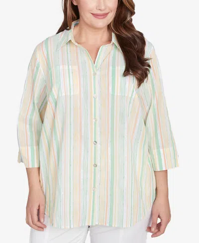 Alfred Dunner Plus Size Rise And Shine Sunny Stripes Button Down Top In Lime Multi