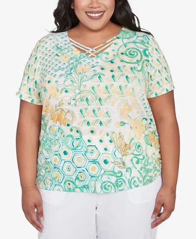 Alfred Dunner Plus Size Rise And Shine Tropical Geometric Patchwork Top In Lime Multi