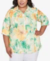 Alfred Dunner Plus Size Rise And Shine Watercolor Floral Tie Sleeve Button Down Top In Multi