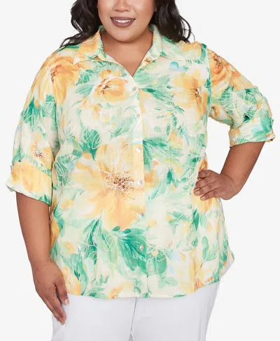 Alfred Dunner Plus Size Rise And Shine Watercolor Floral Tie Sleeve Button Down Top In Lime Multi