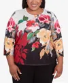 Alfred Dunner Plus Size Runway Ready Floral Crew Neck Top With Drawstring Hem In Multi Black