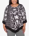 Alfred Dunner Plus Size Runway Ready Floral Geometric Top With Necklace In Black,white Metallic