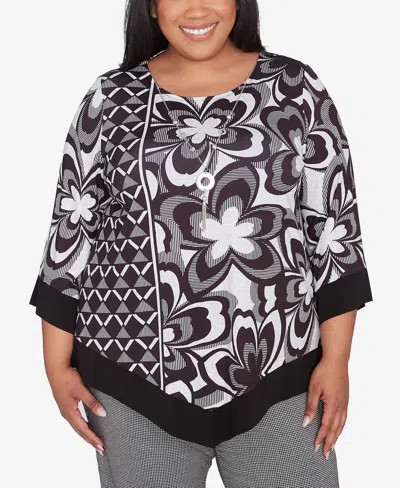 Alfred Dunner Plus Size Runway Ready Floral Geometric Top With Necklace In Black,white Metallic