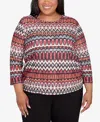Alfred Dunner Plus Size Runway Ready Geometric Crew Neck Ruched Side Top In Multi Red
