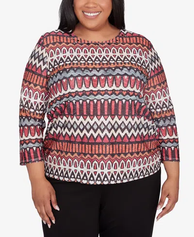 Alfred Dunner Plus Size Runway Ready Geometric Crew Neck Ruched Side Top In Multi Red