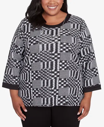 Alfred Dunner Plus Size Runway Ready Houndstooth Textured Top In Multi Black