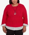 Alfred Dunner Plus Size Runway Ready Woven Chevron Sweater With Necklace In Red