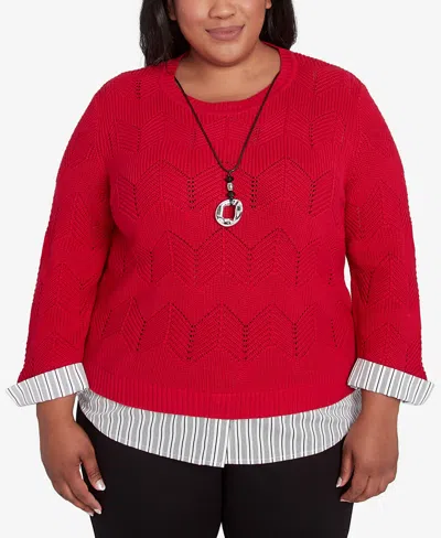 Alfred Dunner Plus Size Runway Ready Woven Chevron Sweater With Necklace In Red