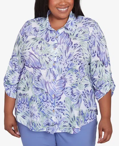 Alfred Dunner Plus Size Santa Fe Abstract Butterfly Collared Button Front Top In Iris Multi
