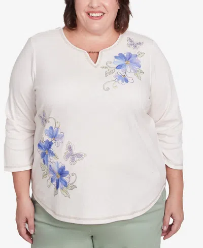 Alfred Dunner Plus Size Santa Fe Asymmetric Butterfly Floral Embroidered Top In Oatmeal