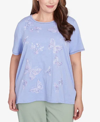 Alfred Dunner Plus Size Santa Fe Butterfly Embroidered T-shirt In Iris