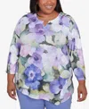 Alfred Dunner Plus Size Santa Fe Dramatic Pansies Floral Print Top In Iris Multi