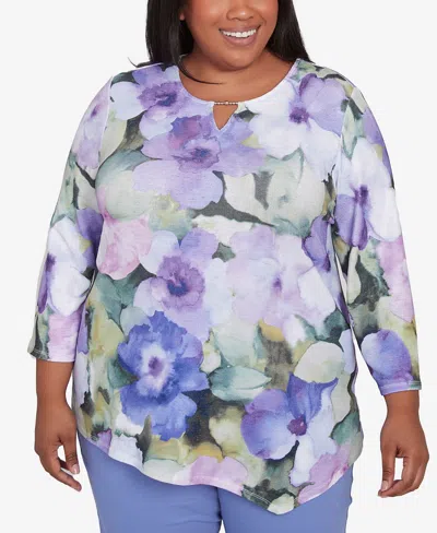 Alfred Dunner Plus Size Santa Fe Dramatic Pansies Floral Print Top In Iris Multi