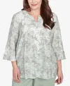 Alfred Dunner Plus Size Santa Fe Embroidered Geometric Flare Sleeve Top In Aloe