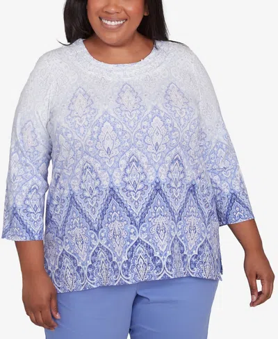 Alfred Dunner Plus Size Santa Fe Ombre Medallion Crew Neck Printed Top In Iris