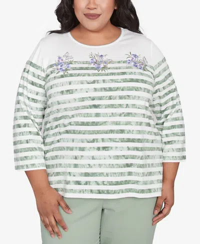 Alfred Dunner Plus Size Santa Fe Tie Dye Stripe Embroidered Top In Aloe