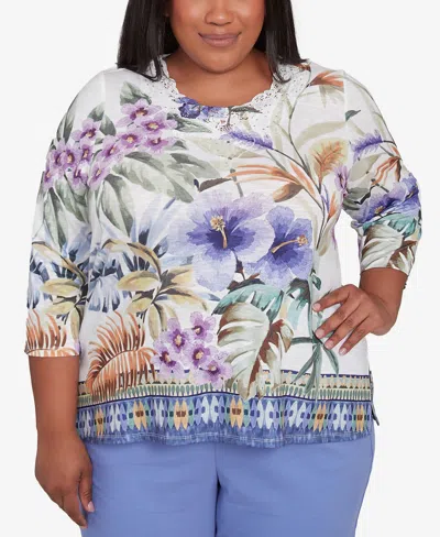 Alfred Dunner Plus Size Santa Fe Tropical Floral Border Top In Aloe Multi
