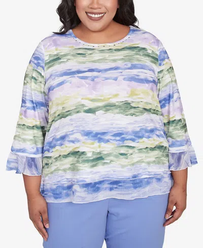 Alfred Dunner Plus Size Santa Fe Watercolor Biadere Striped Crew Neck Top In Iris Multi