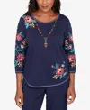 Alfred Dunner Plus Size Saratoga Springs Embroidered Sleeve Knit Top With Necklace In Blue