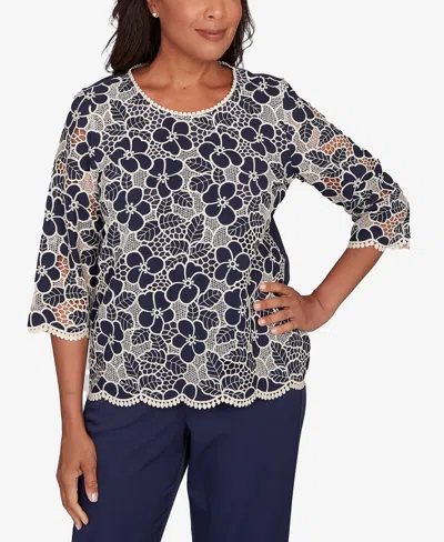 Alfred Dunner Plus Size Saratoga Springs Floral Lace Trim Soft Knit Top In Black