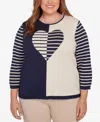 Alfred Dunner Plus Size Saratoga Springs Heart Motif Detail Striped Sweater In Blue
