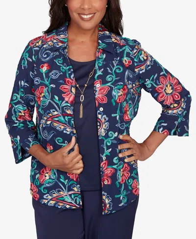 Alfred Dunner Petite Saratoga Springs Paisley Floral Two In One Top With Necklace In Blue