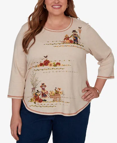 Alfred Dunner Plus Size Scarecrow Family Embroidered Top In Neutral