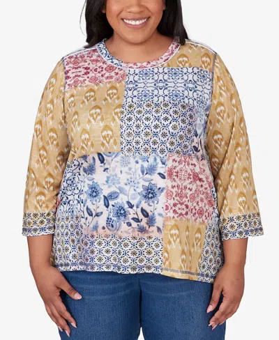 Alfred Dunner Plus Size Scottsdale Abstract Patchwork Button Down Top In Multi