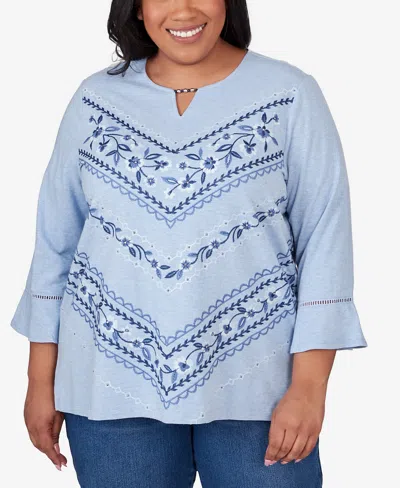 Alfred Dunner Plus Size Scottsdale Floral Chevron Beaded Split Neck Top In Chambry