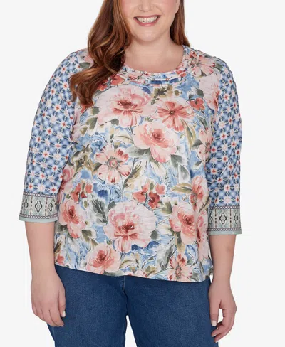 Alfred Dunner Plus Size Scottsdale Floral Geometric Triple Knot Top In Multi