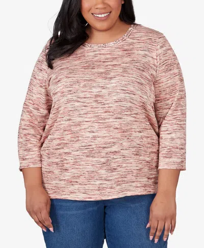 Alfred Dunner Plus Size Scottsdale Space Dye Beaded Neck Top In Apricot
