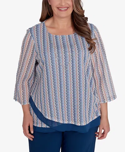 Alfred Dunner Plus Size Scottsdale Vertical Texture Woven Trim Top With Necklace In Multi