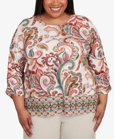 ALFRED DUNNER PLUS SIZE COPPER CANYON TEXTURED SCROLL BORDER RUCHED SLEEVES TOP