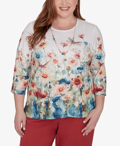 Alfred Dunner Plus Size Sedona Sky Dragonfly Top With Necklace In Multi