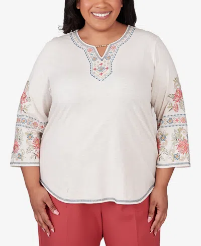 Alfred Dunner Plus Size Sedona Sky Sedona Split Neck Embroidered Top In Oatmeal