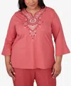 ALFRED DUNNER PLUS SIZE SEDONA SKY SPLIT NECK FLORAL EMBROIDERED TOP