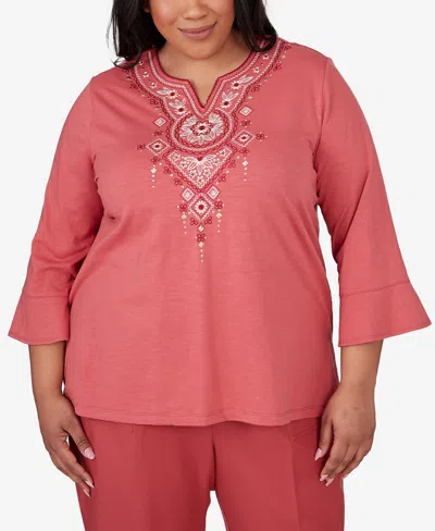 Alfred Dunner Plus Size Sedona Sky Split Neck Floral Embroidered Top In Clay
