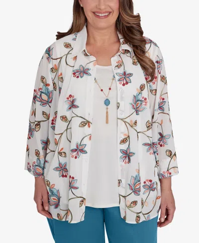 Alfred Dunner Plus Size Sedona Sky Warm Embroidered Two In One Top With Necklace In Ivory