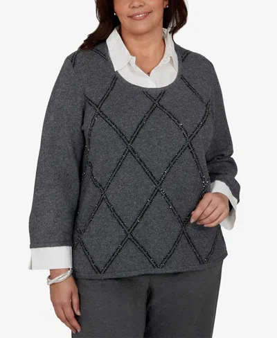Alfred Dunner Plus Size Sequin 3/4-length Sleeve Sweater In Charcoal