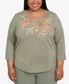 Alfred Dunner Plus Size Copper Canyon Scattered Sequin Floral Neck Top In Gray