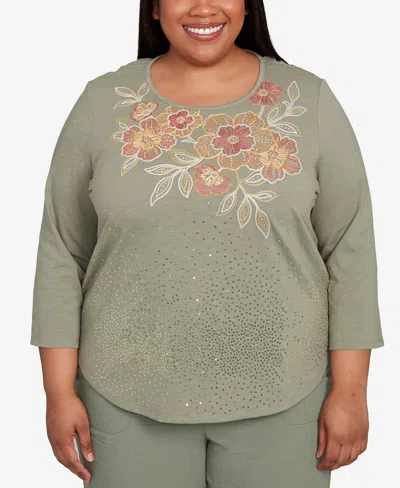 Alfred Dunner Plus Size Copper Canyon Scattered Sequin Floral Neck Top In Gray