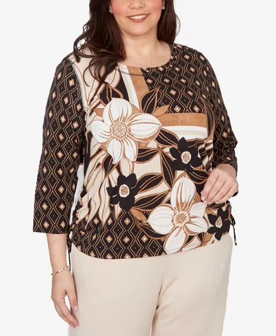 Alfred Dunner Plus Size Seville Floral Geometric Patchwork Side Tie Top In Multi