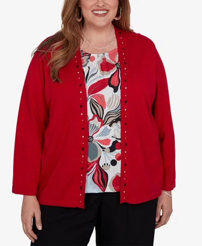 Alfred Dunner Plus Size Shawl Collar 3/4-sleeve Cardigan Sweater In Red