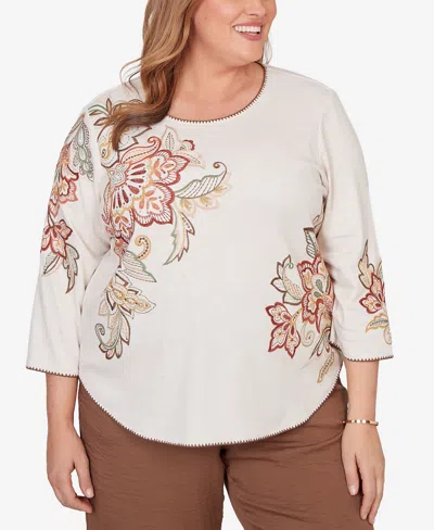 Alfred Dunner Plus Size Spice Market Asymmetrical Scroll Floral Round Hem Top In Multi